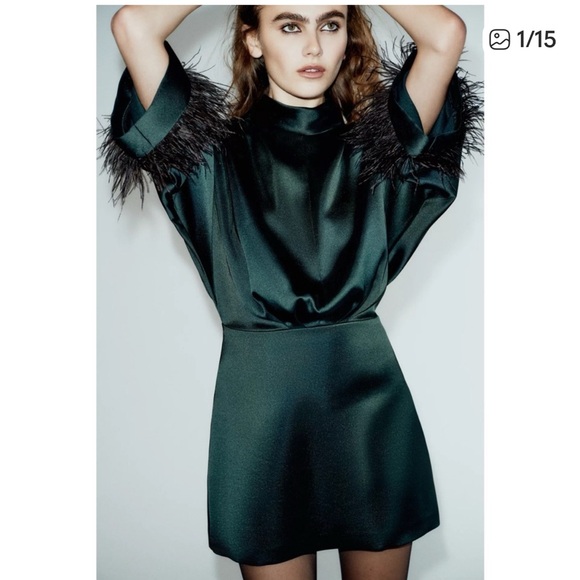 Zara Satin Emerald Green Feather Cuff Mini Dress - Picture 3 of 6
